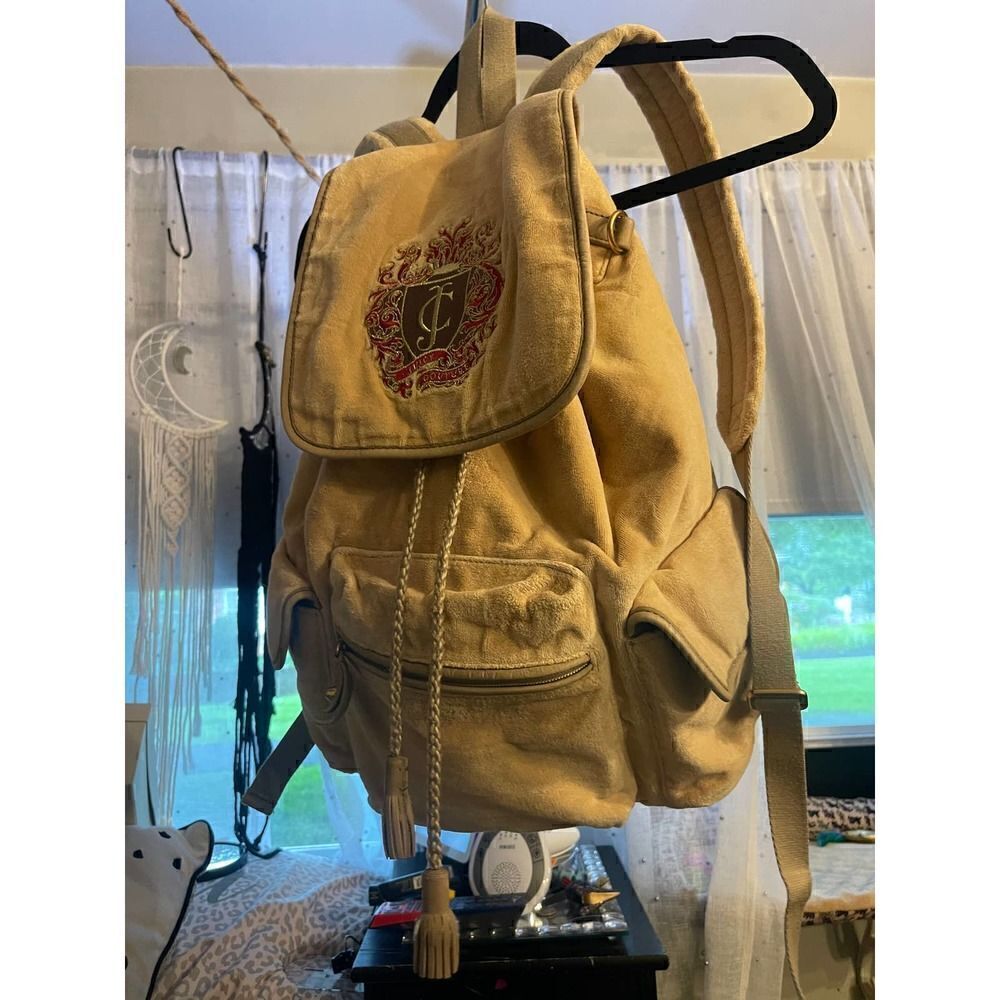 Cream/beige velvet/velour campus,school multi pocket cargo Backpack